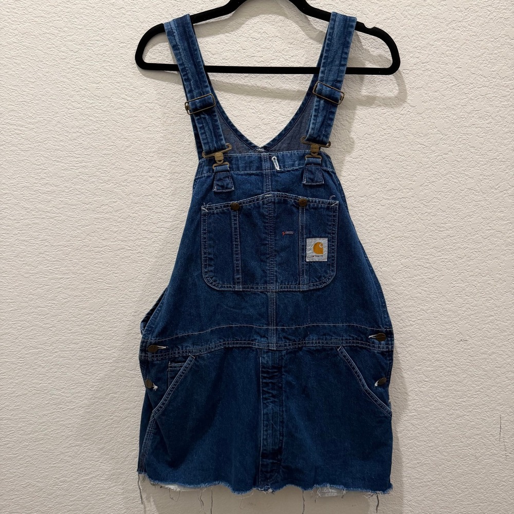 Carhartt Reworked Denim Overall Mini Dress Dark Wash Custom Frayed Hem